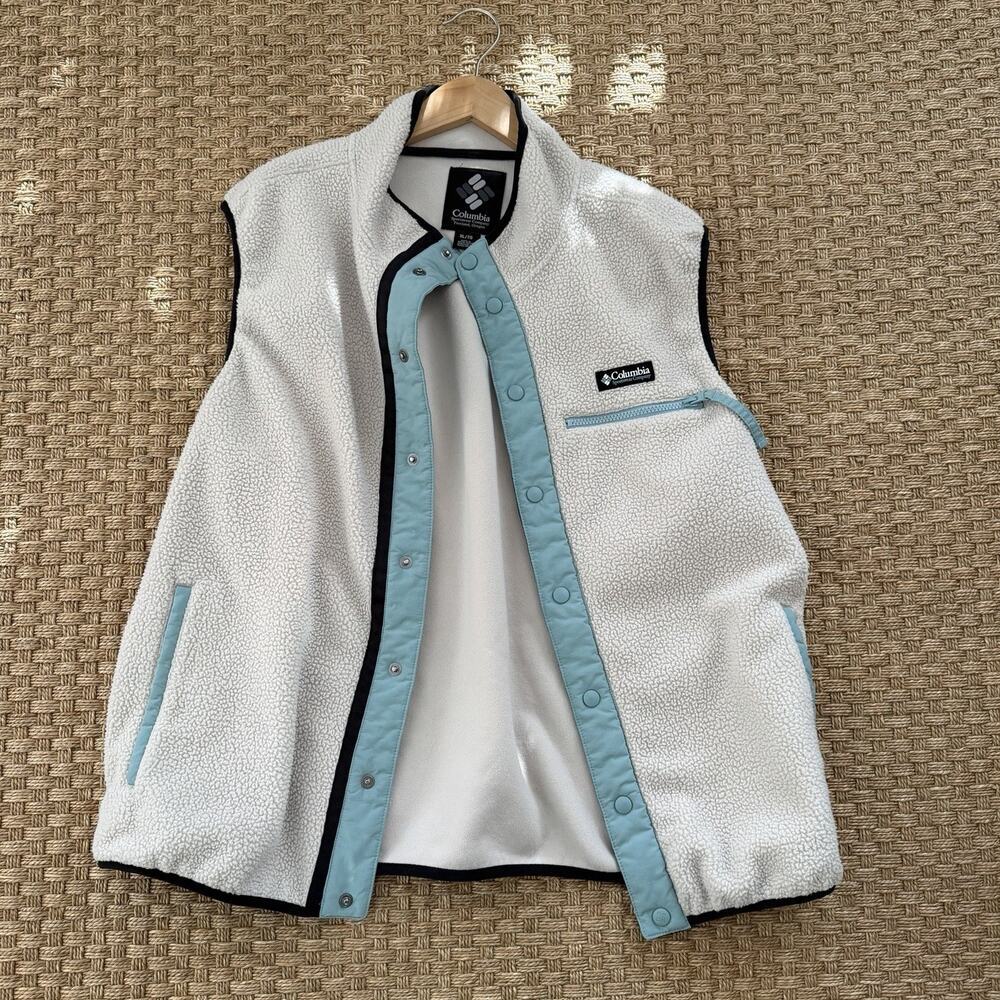 Columbia Helvetia Sherpa Fleece Vest Size XL/TG Light Blue Black Accents Snaps - Picture 7 of 10